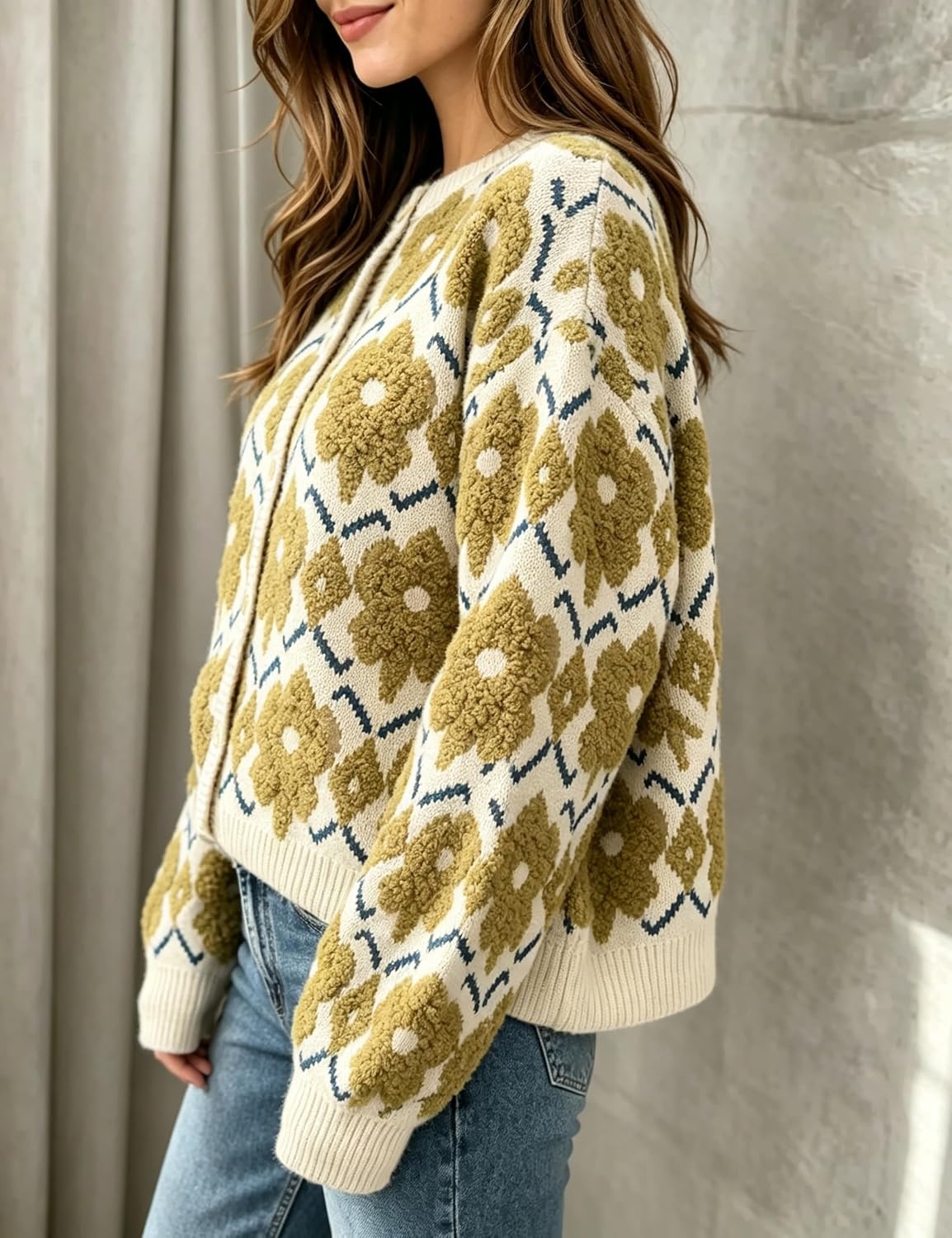 image:imageSpringrain Womens Floral Crewneck Knit Cardigan Sweater FallYellow