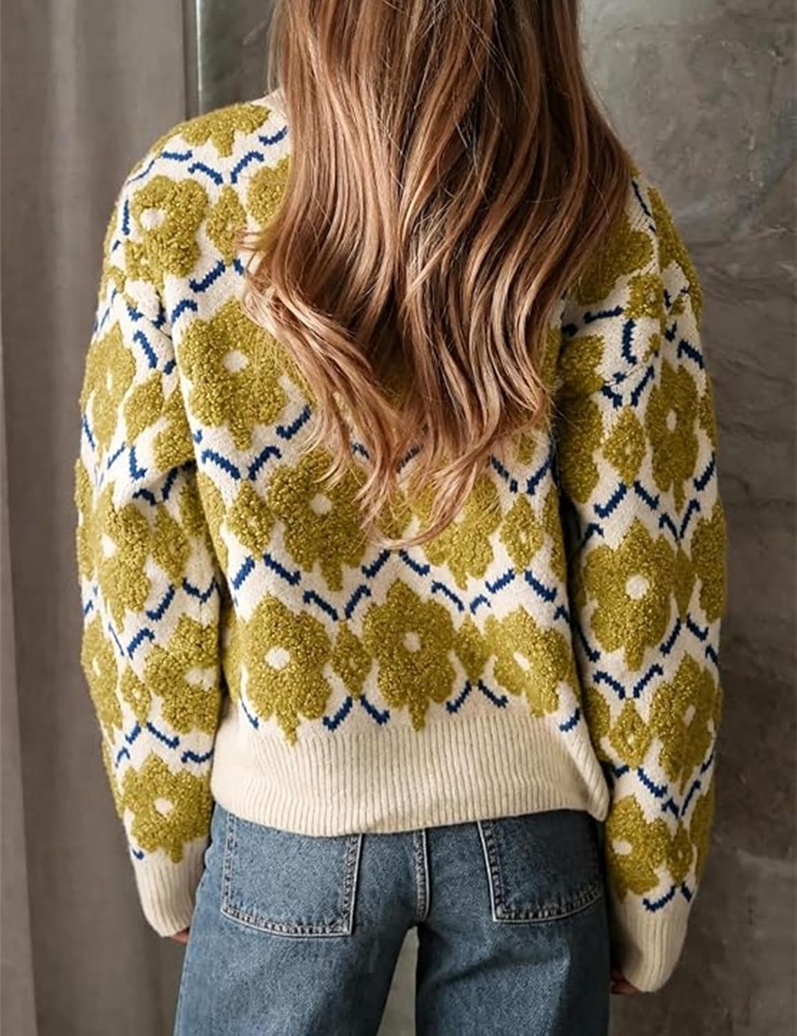 image:imageSpringrain Womens Floral Crewneck Knit Cardigan Sweater FallYellow