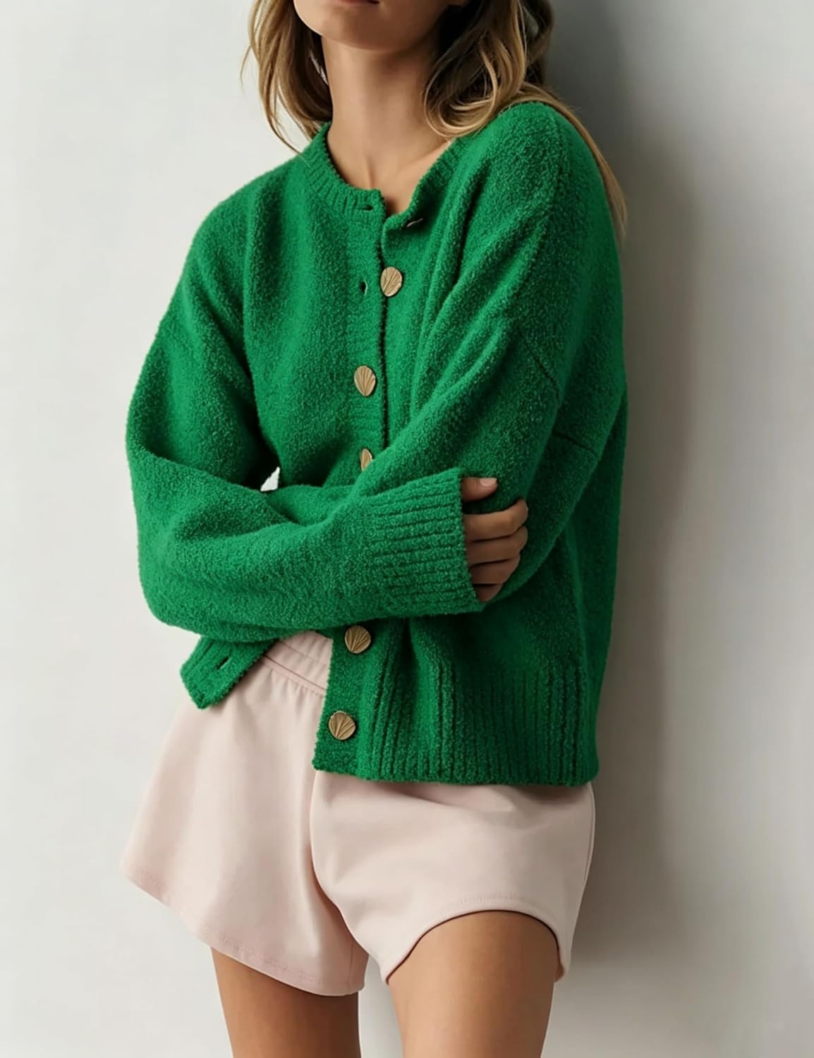 image:imageSpringrain Womens Fuzzy Cropped Knit Cardigan Button SweatersGreen