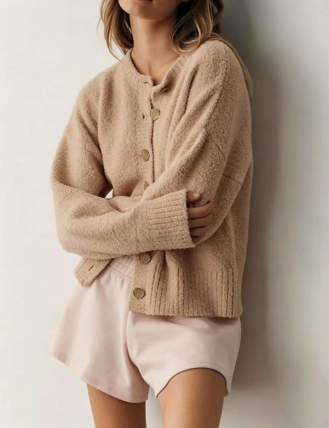 image:imageSpringrain Womens Fuzzy Cropped Knit Cardigan Button SweatersKhaki