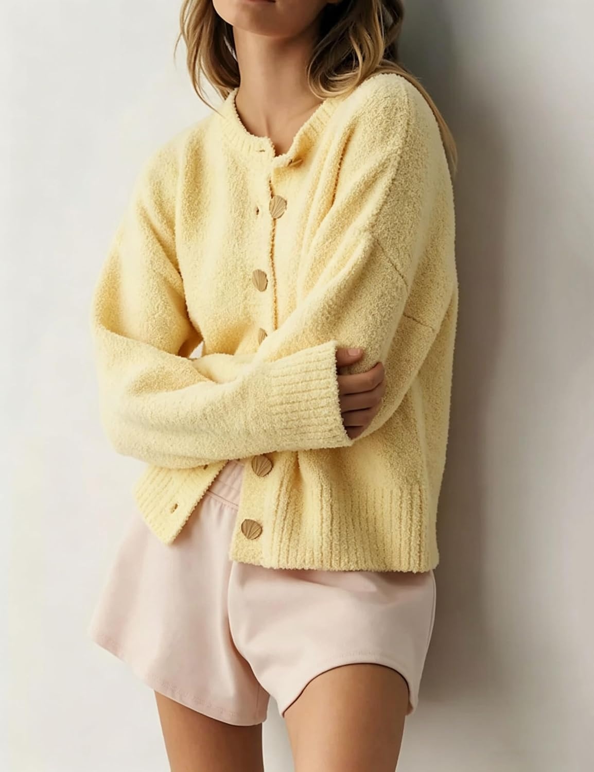 image:imageSpringrain Womens Fuzzy Cropped Knit Cardigan Button SweatersYellow