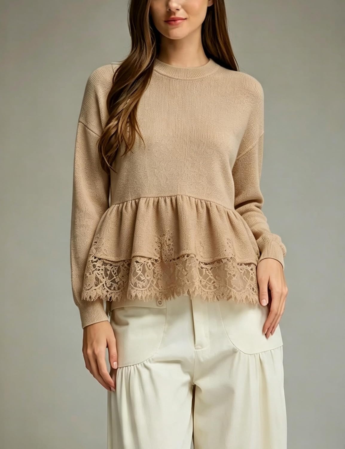 image:imageSpringrain Womens Lace Peplum Crewneck Knit Top Fall SweatersKhaki