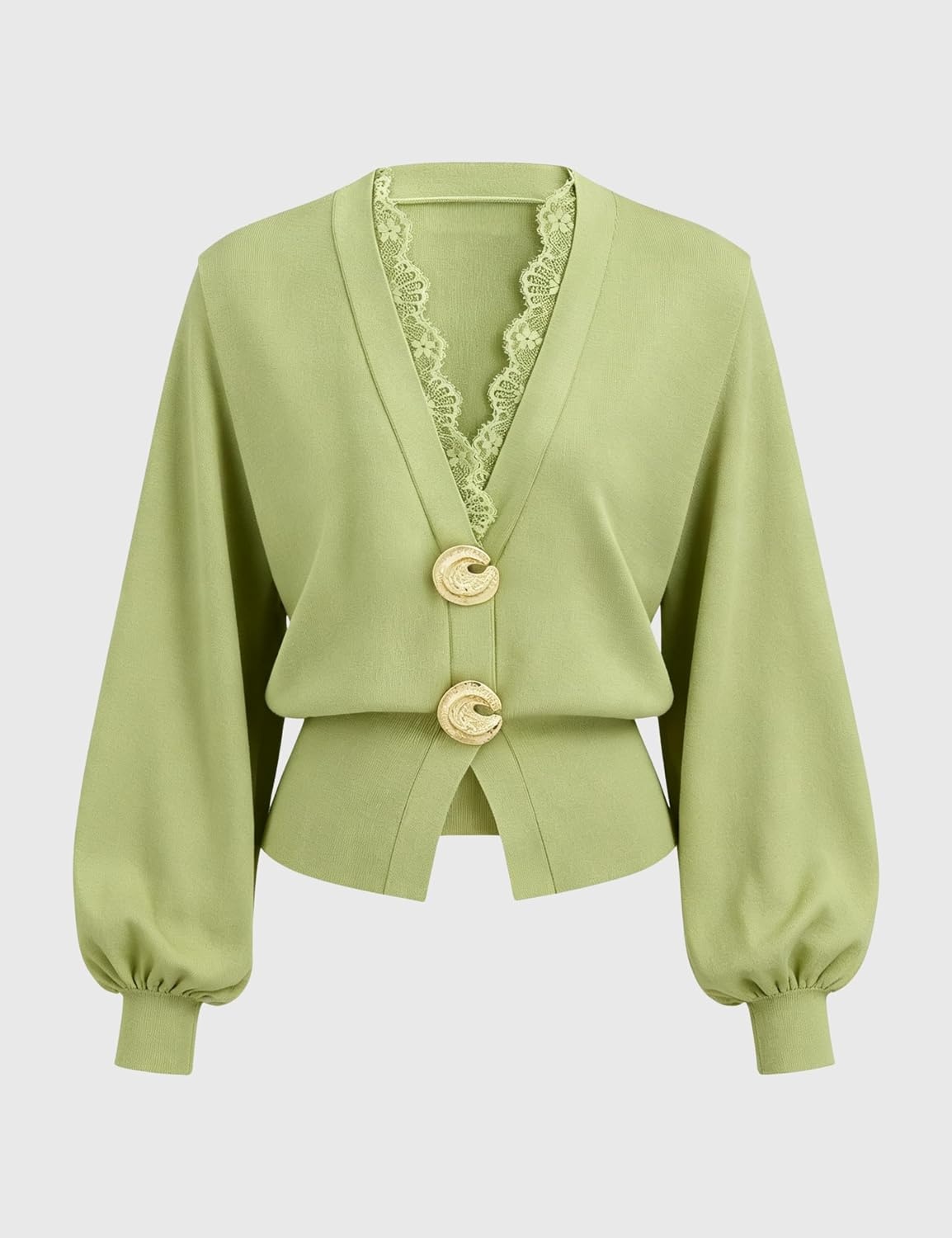 image:imageSpringrain Womens Lace Trim Knit Top V Neck Button CardiganGreen