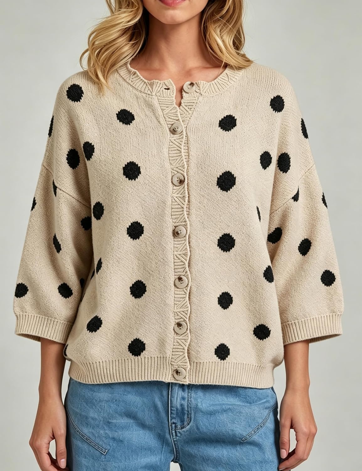 image:imageSpringrain Womens Polka Dot Cardigan Sweater Button Knit TopBeige