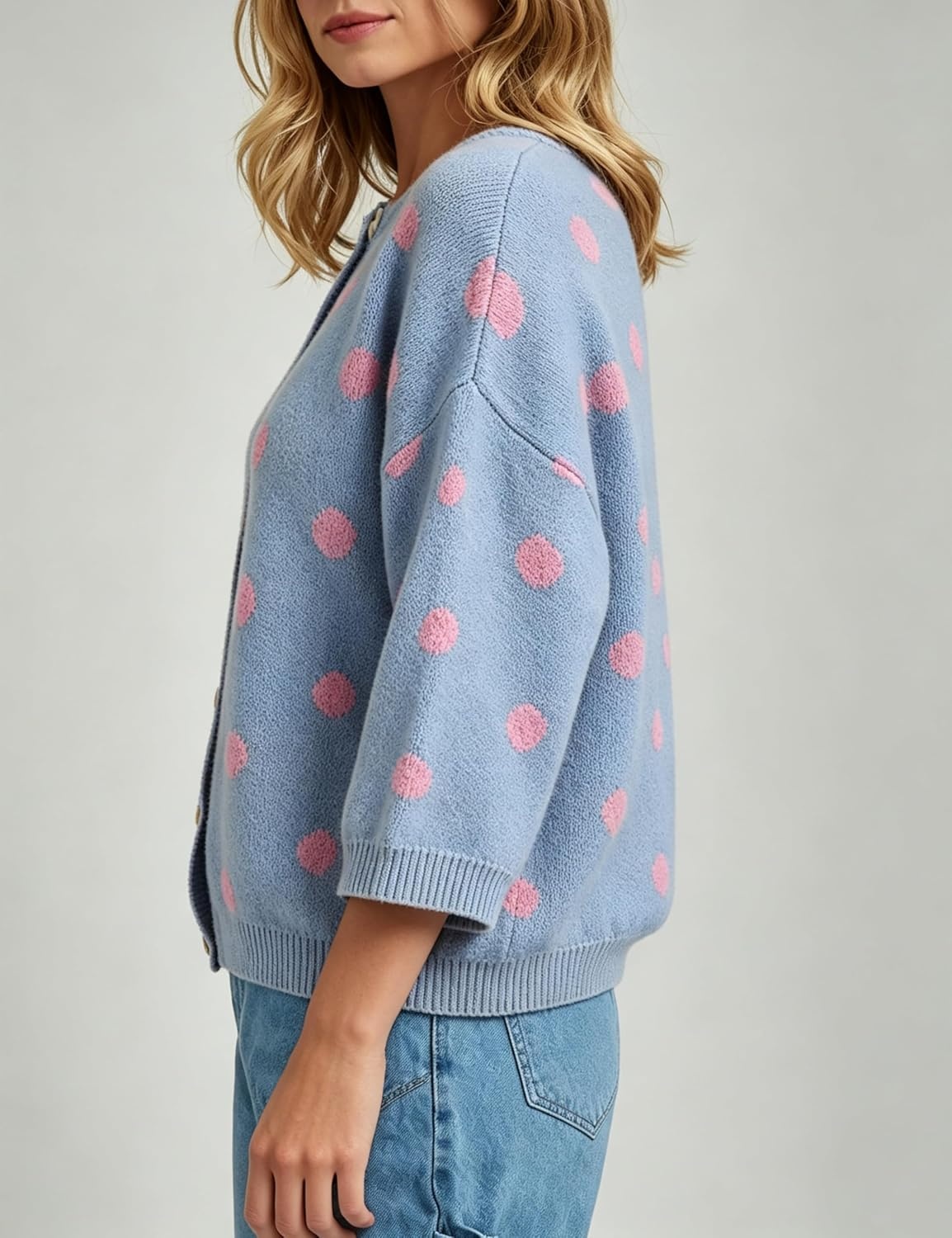 image:imageSpringrain Womens Polka Dot Cardigan Sweater Button Knit TopBlue