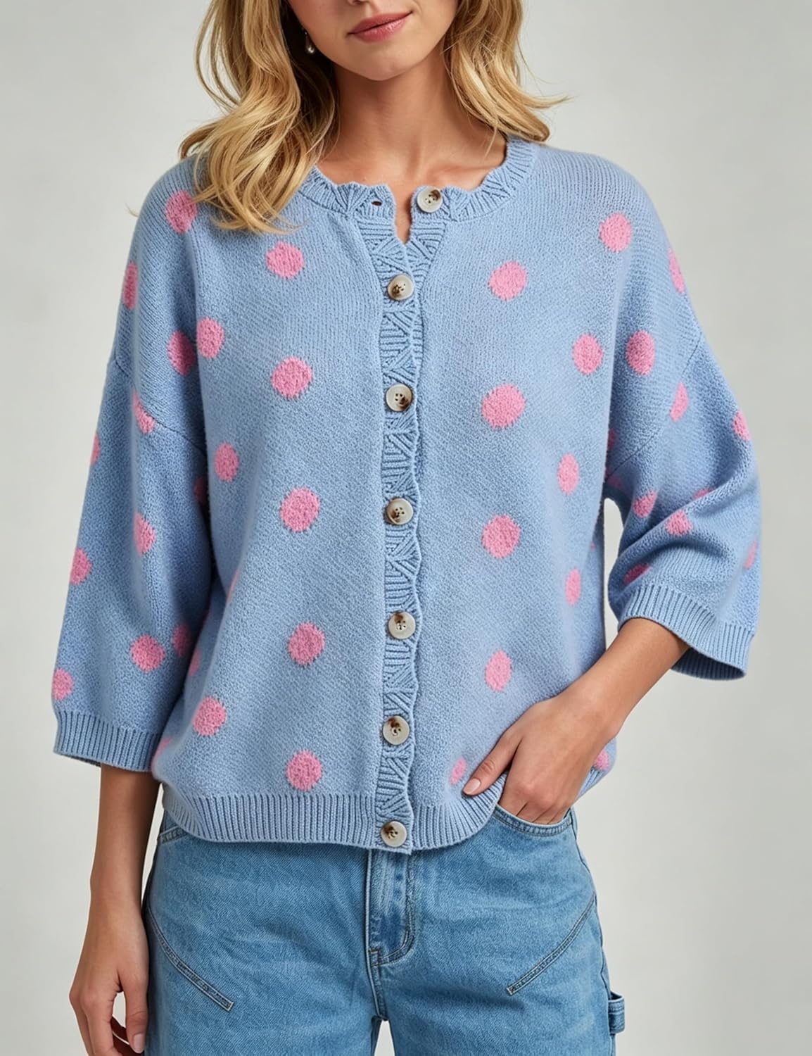 image:imageSpringrain Womens Polka Dot Cardigan Sweater Button Knit TopBlue