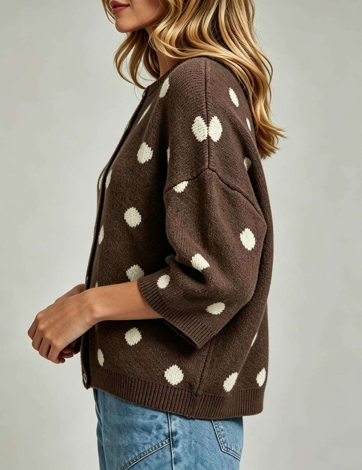 image:imageSpringrain Womens Polka Dot Cardigan Sweater Button Knit TopBrown