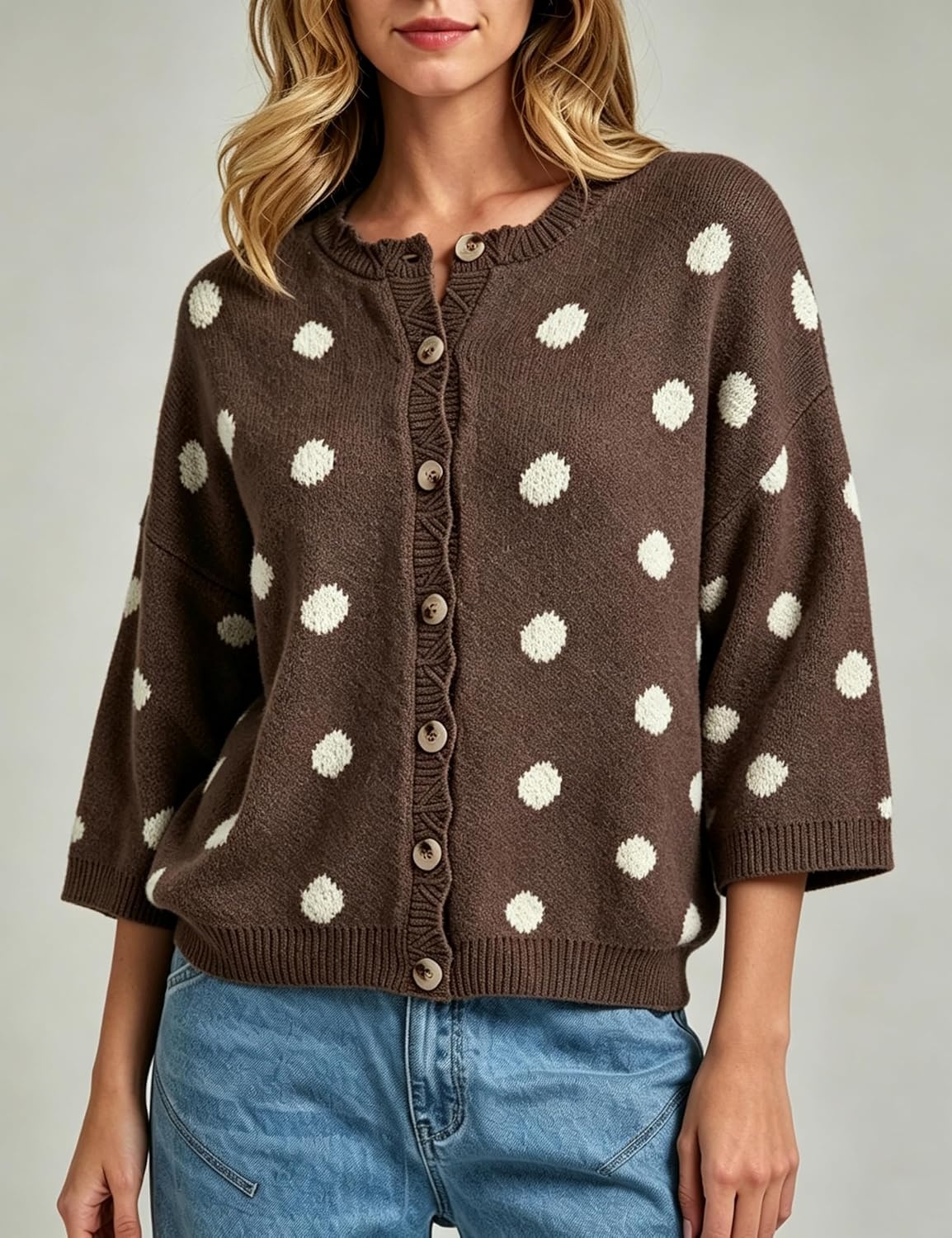 image:imageSpringrain Womens Polka Dot Cardigan Sweater Button Knit TopBrown
