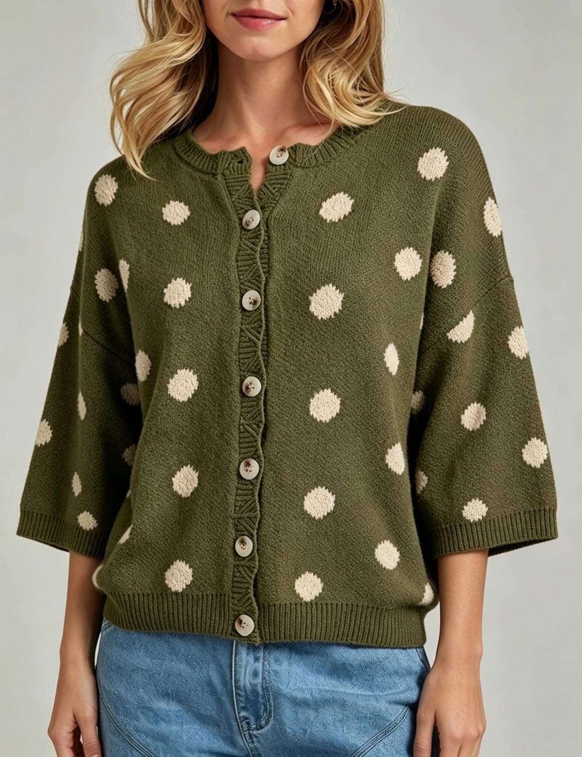 image:imageSpringrain Womens Polka Dot Cardigan Sweater Button Knit TopGreen