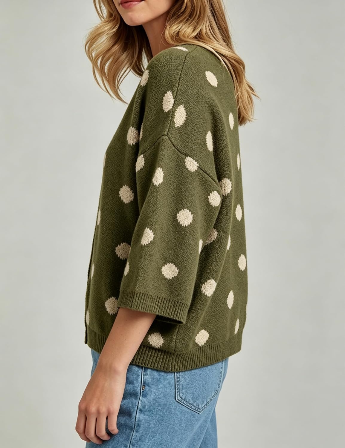 image:imageSpringrain Womens Polka Dot Cardigan Sweater Button Knit TopGreen