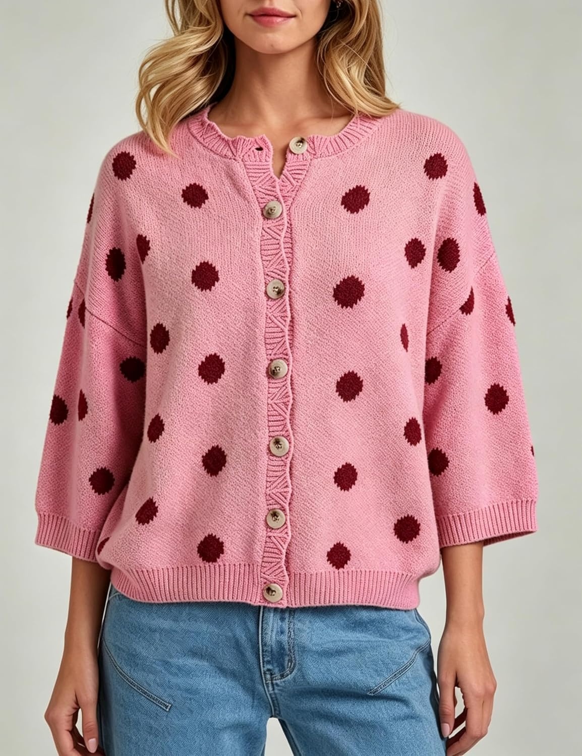 image:imageSpringrain Womens Polka Dot Cardigan Sweater Button Knit TopPink