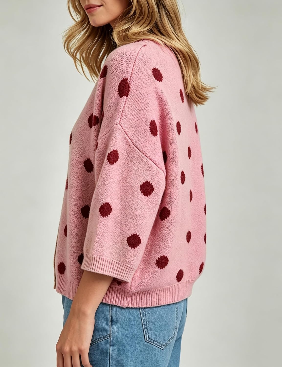 image:imageSpringrain Womens Polka Dot Cardigan Sweater Button Knit TopPink