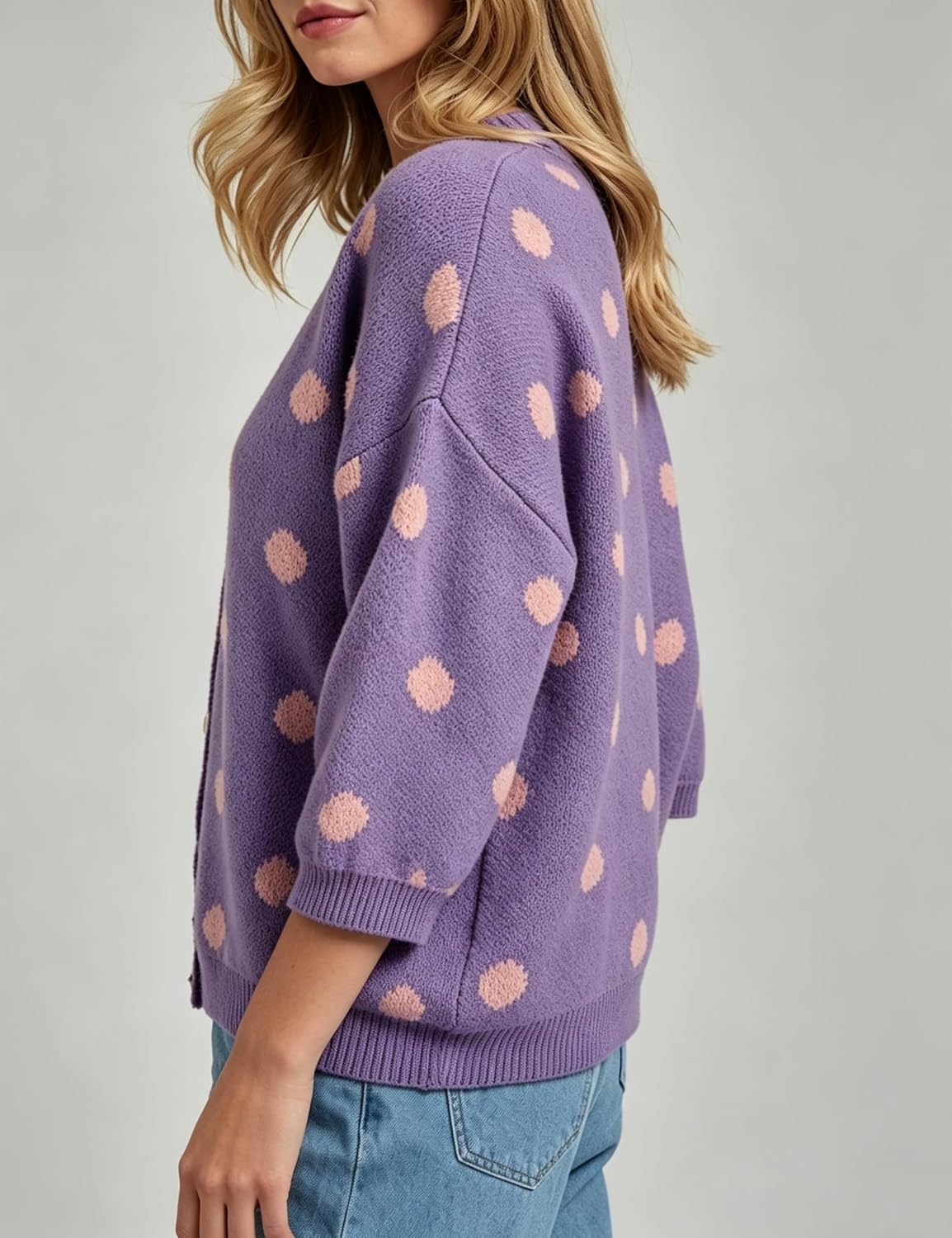 image:imageSpringrain Womens Polka Dot Cardigan Sweater Button Knit TopPurple