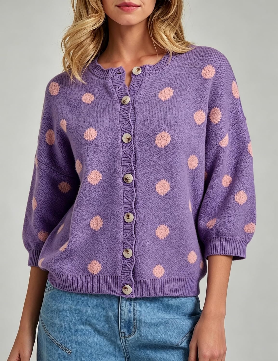 image:imageSpringrain Womens Polka Dot Cardigan Sweater Button Knit TopPurple