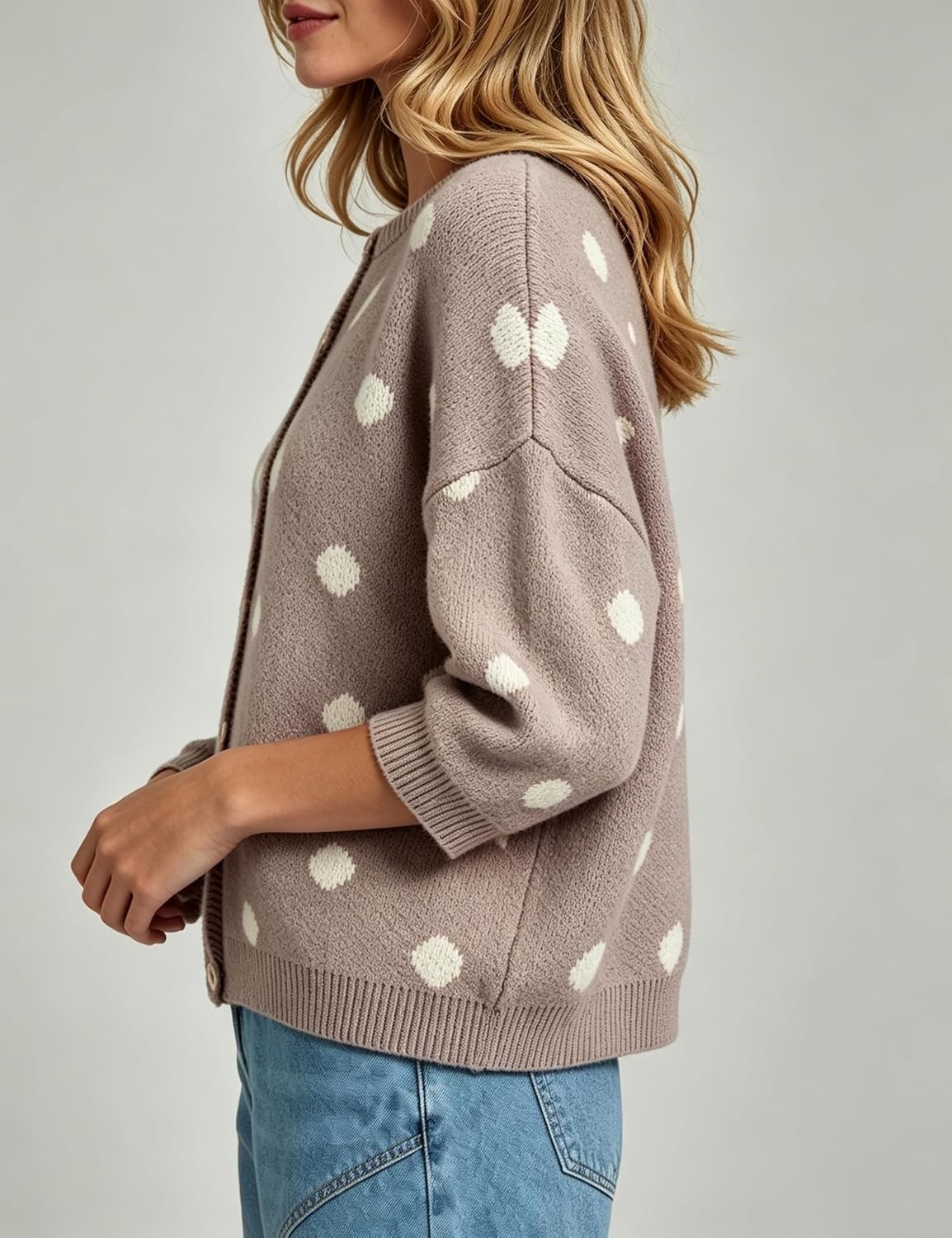 image:imageSpringrain Womens Polka Dot Cardigan Sweater Button Knit TopTaupe