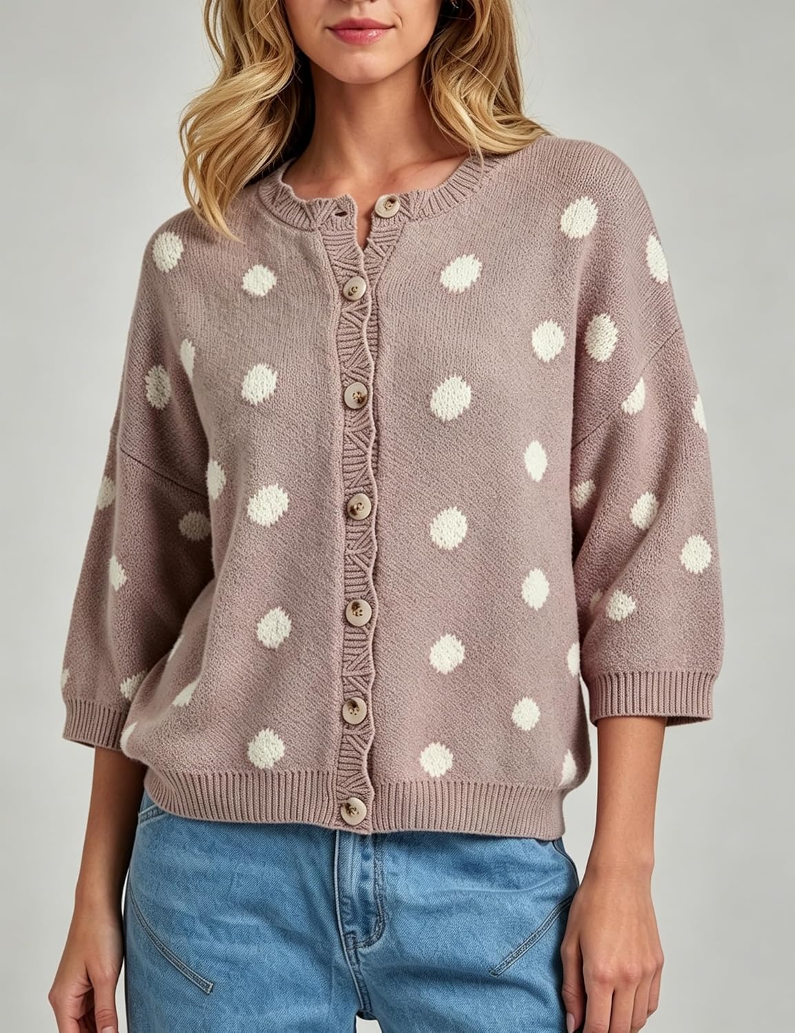 image:imageSpringrain Womens Polka Dot Cardigan Sweater Button Knit TopTaupe