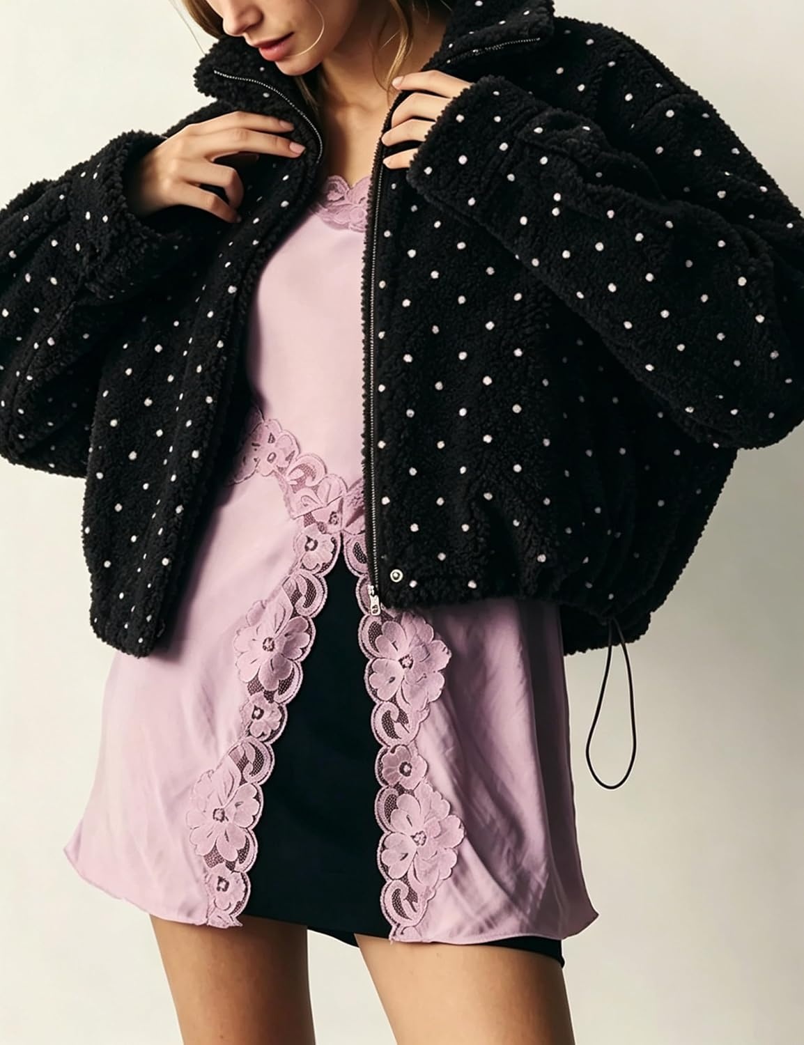 image:imageSpringrain Womens Polka Dot Fleece Crop Jacket Winter CoatBlack