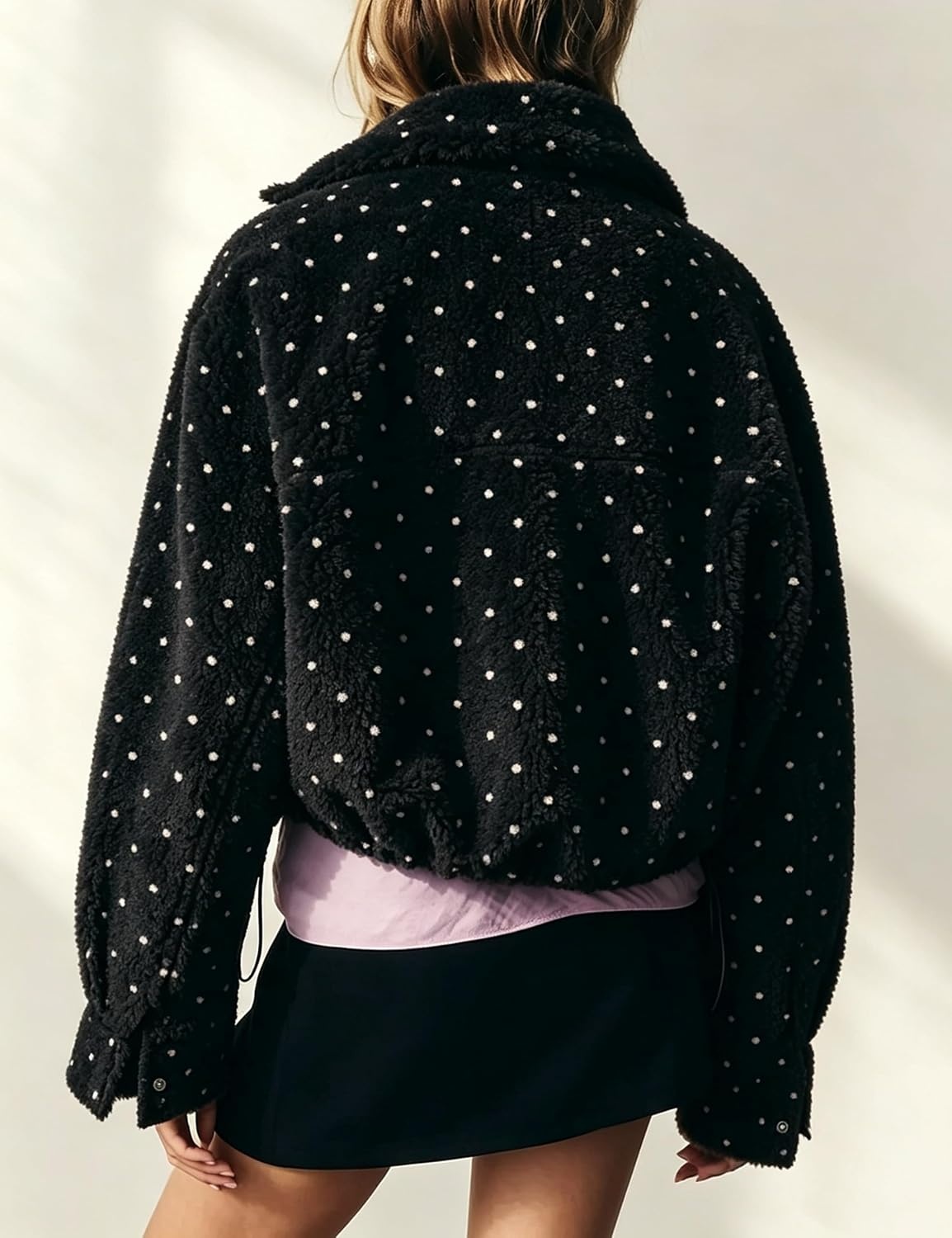 image:imageSpringrain Womens Polka Dot Fleece Crop Jacket Winter CoatBlack