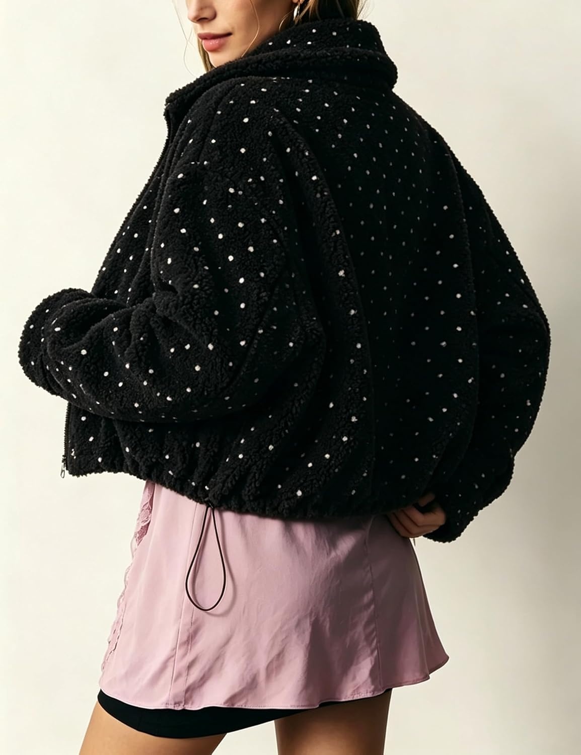 image:imageSpringrain Womens Polka Dot Fleece Crop Jacket Winter CoatBlack