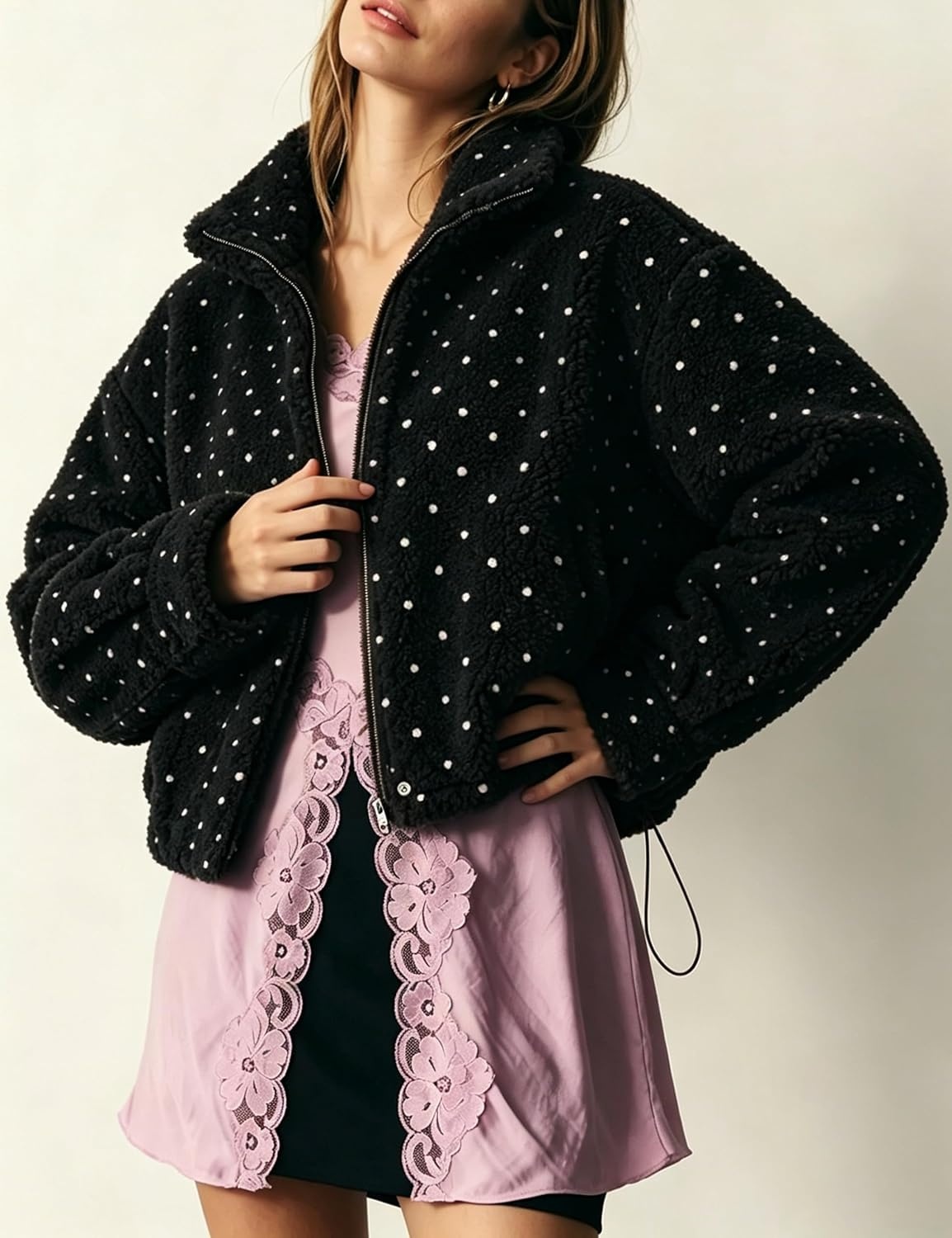 image:imageSpringrain Womens Polka Dot Fleece Crop Jacket Winter CoatBlack