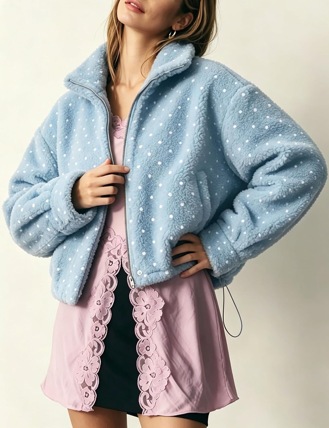 image:imageSpringrain Womens Polka Dot Fleece Crop Jacket Winter CoatBlue