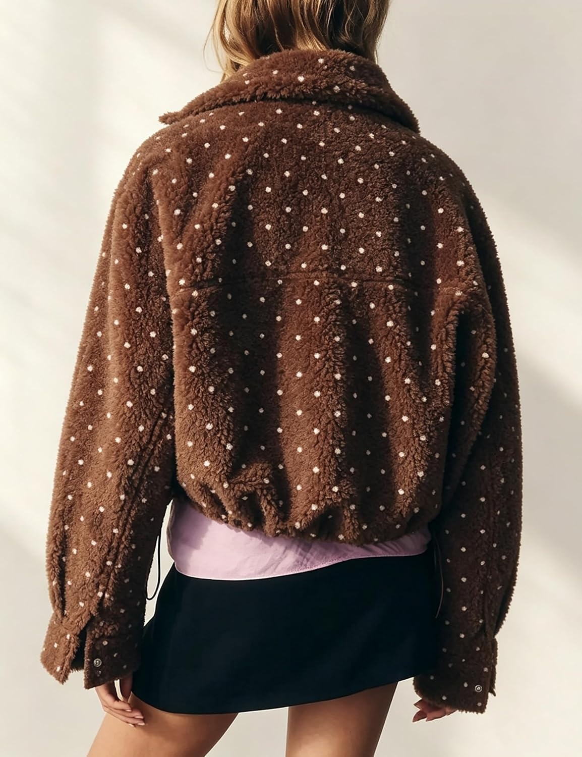 image:imageSpringrain Womens Polka Dot Fleece Crop Jacket Winter CoatBrown
