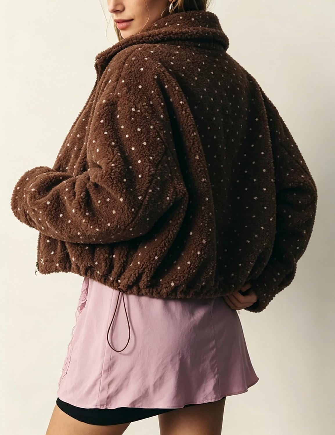 image:imageSpringrain Womens Polka Dot Fleece Crop Jacket Winter CoatBrown