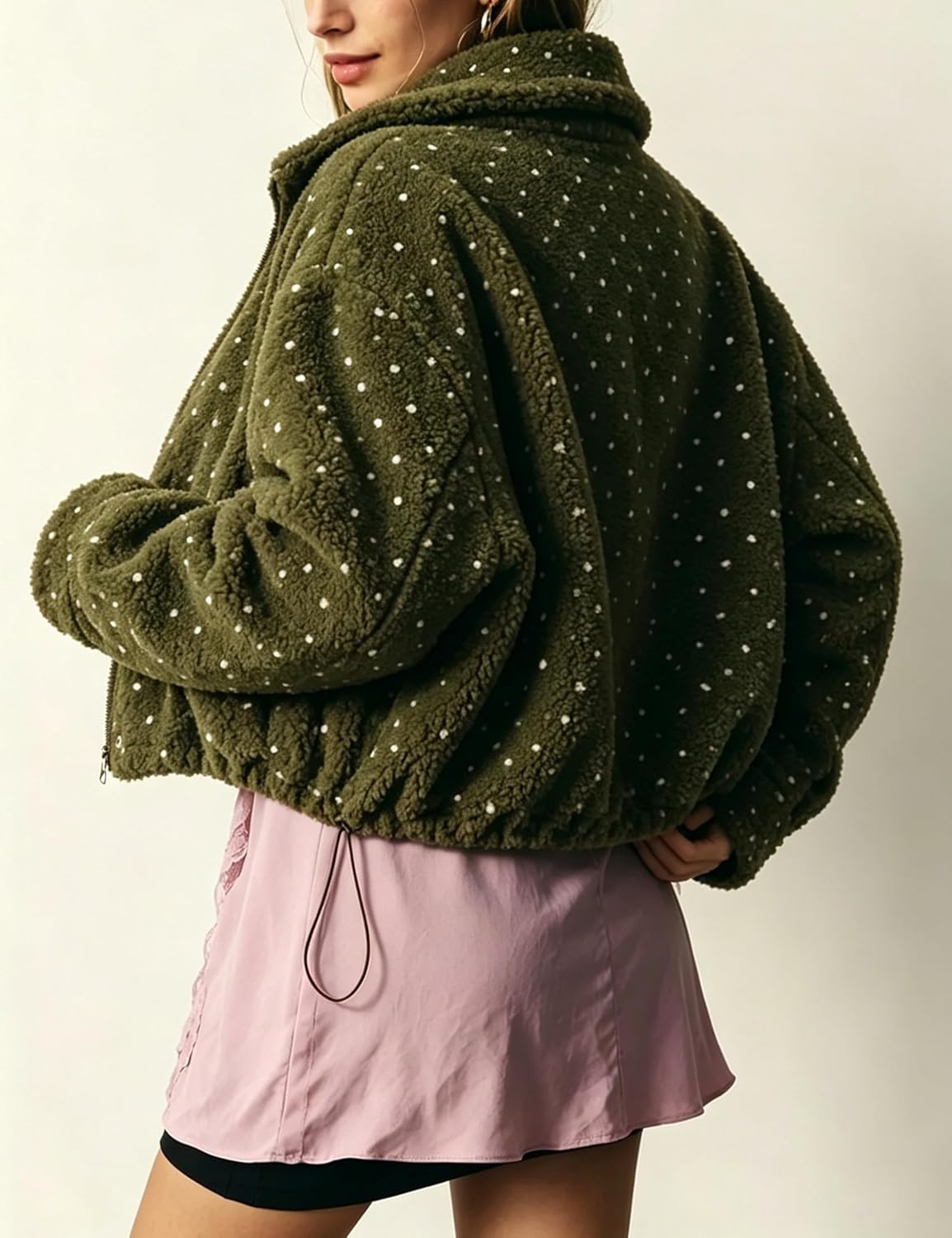 image:imageSpringrain Womens Polka Dot Fleece Crop Jacket Winter CoatGreen