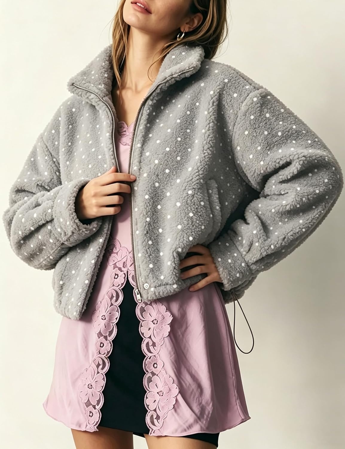 image:imageSpringrain Womens Polka Dot Fleece Crop Jacket Winter CoatGrey
