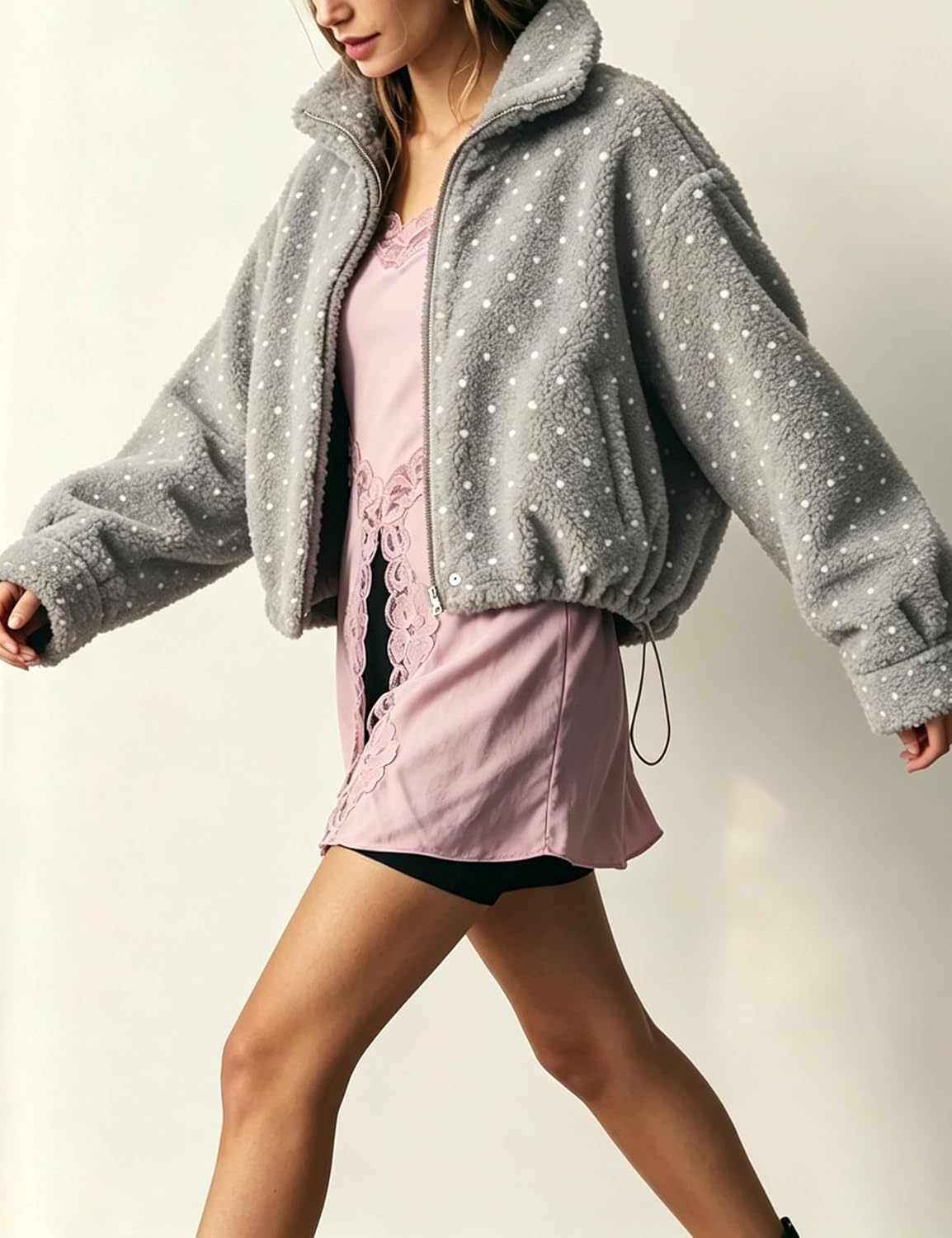 image:imageSpringrain Womens Polka Dot Fleece Crop Jacket Winter CoatGrey