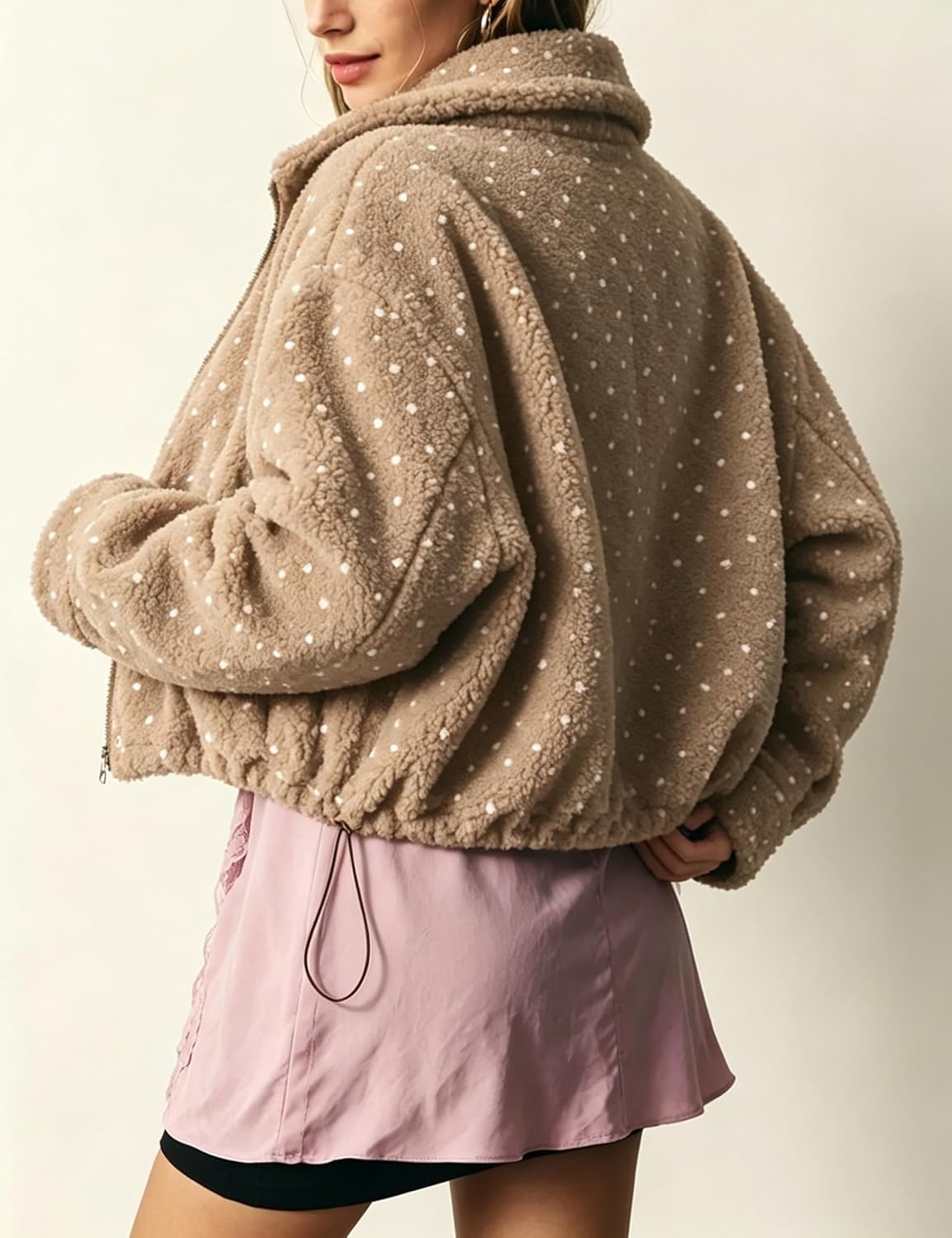 image:imageSpringrain Womens Polka Dot Fleece Crop Jacket Winter CoatKhaki