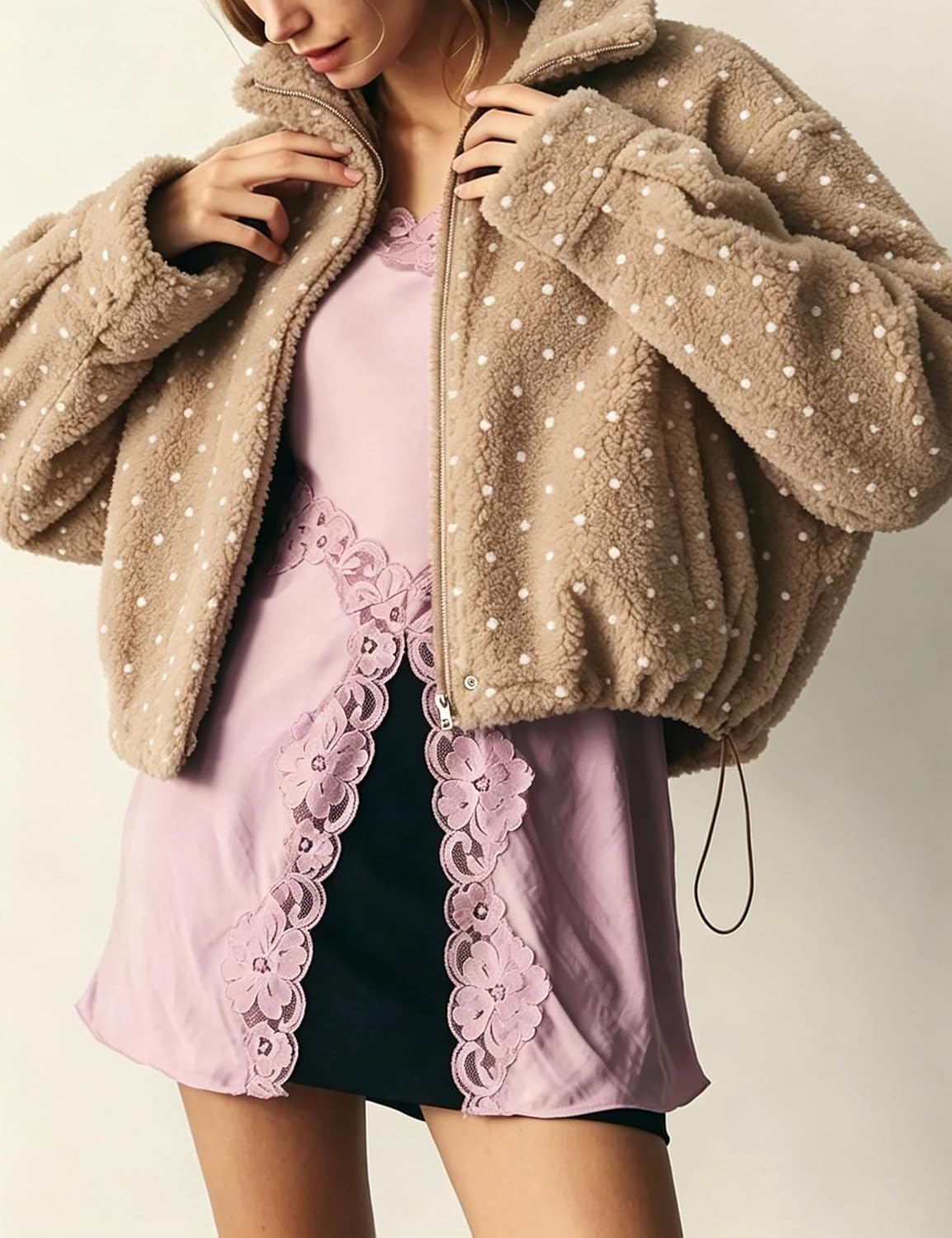 image:imageSpringrain Womens Polka Dot Fleece Crop Jacket Winter CoatKhaki