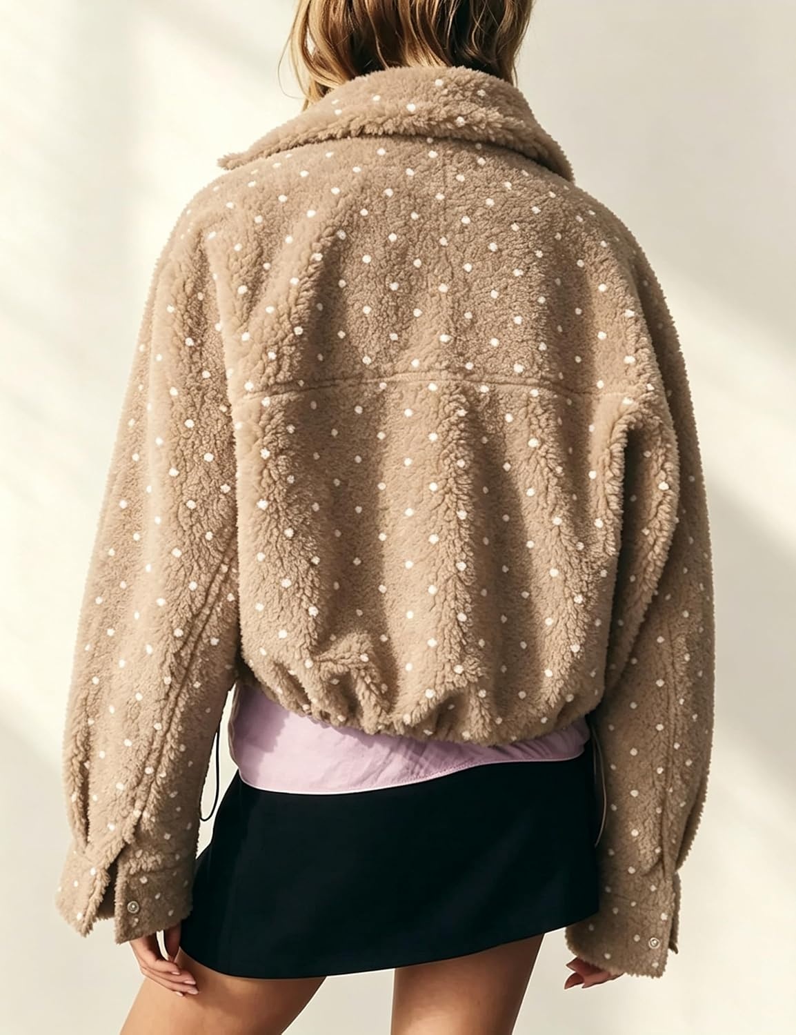 image:imageSpringrain Womens Polka Dot Fleece Crop Jacket Winter CoatKhaki