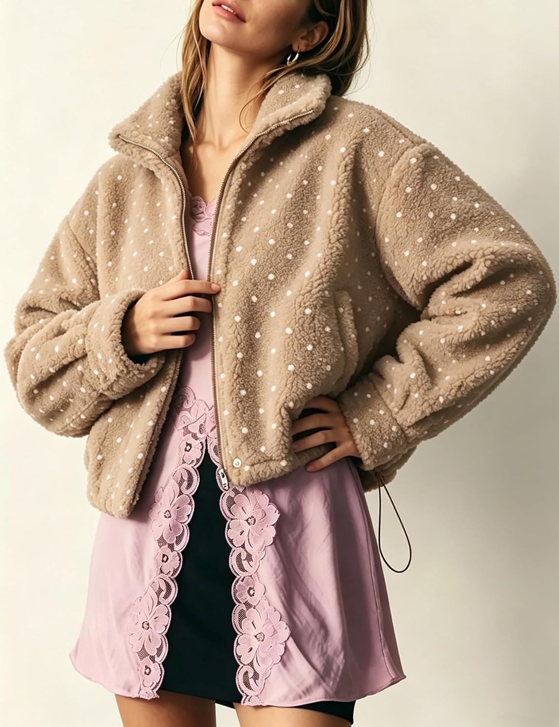 image:imageSpringrain Womens Polka Dot Fleece Crop Jacket Winter CoatKhaki