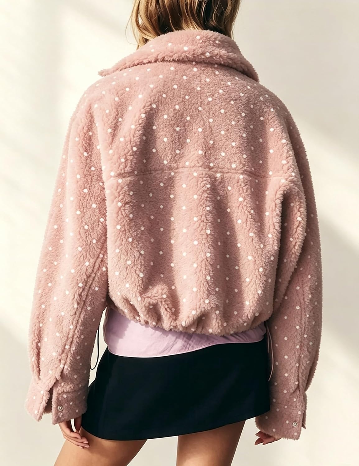 image:imageSpringrain Womens Polka Dot Fleece Crop Jacket Winter CoatPink