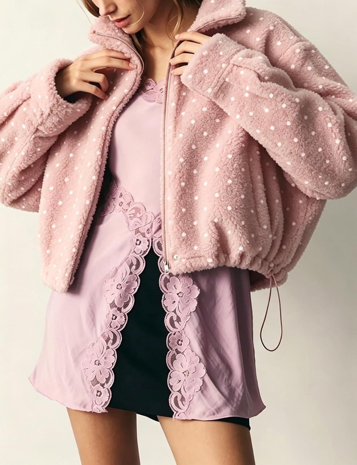 image:imageSpringrain Womens Polka Dot Fleece Crop Jacket Winter CoatPink