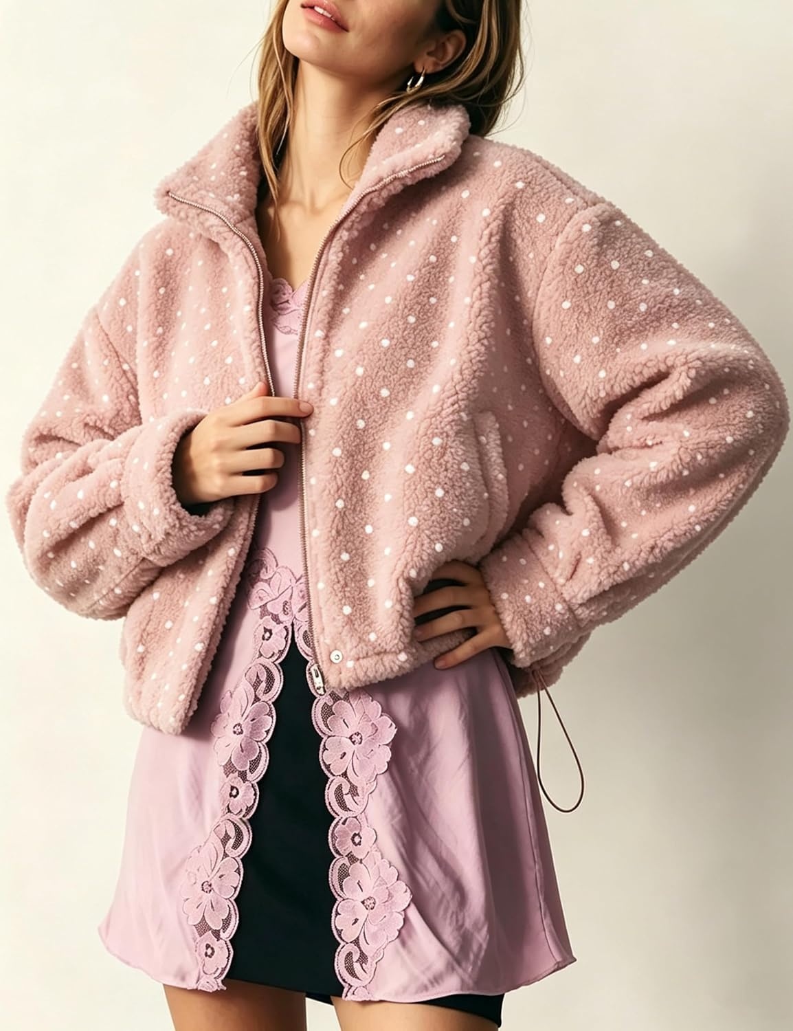 image:imageSpringrain Womens Polka Dot Fleece Crop Jacket Winter CoatPink