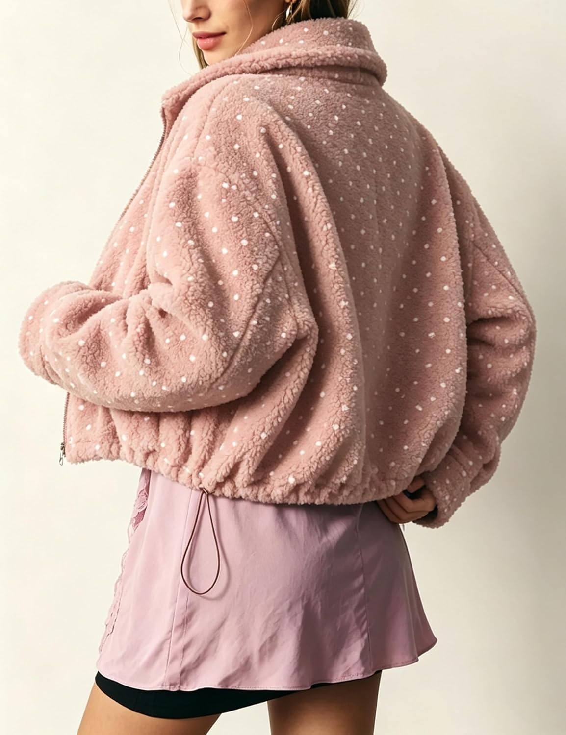 image:imageSpringrain Womens Polka Dot Fleece Crop Jacket Winter CoatPink