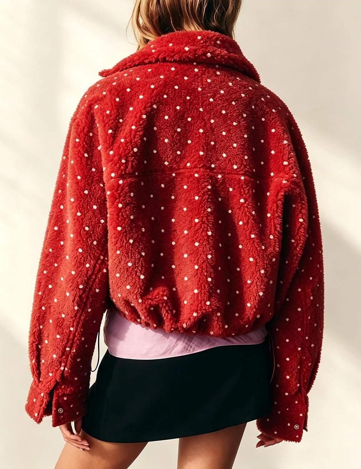 image:imageSpringrain Womens Polka Dot Fleece Crop Jacket Winter CoatRed