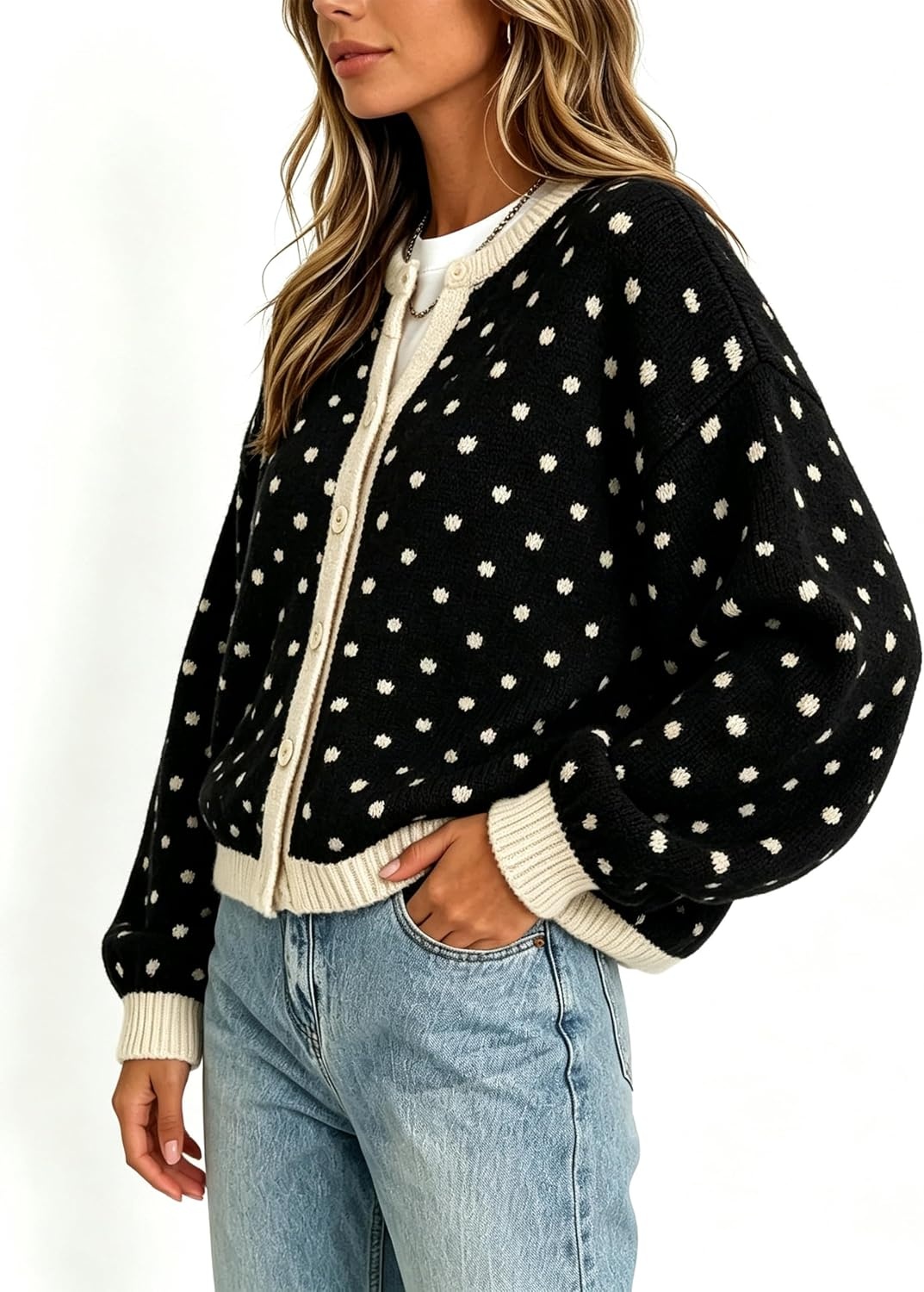 image:imageSpringrain Womens Polka Dot Knit Cardigan Button Front SweaterBlack