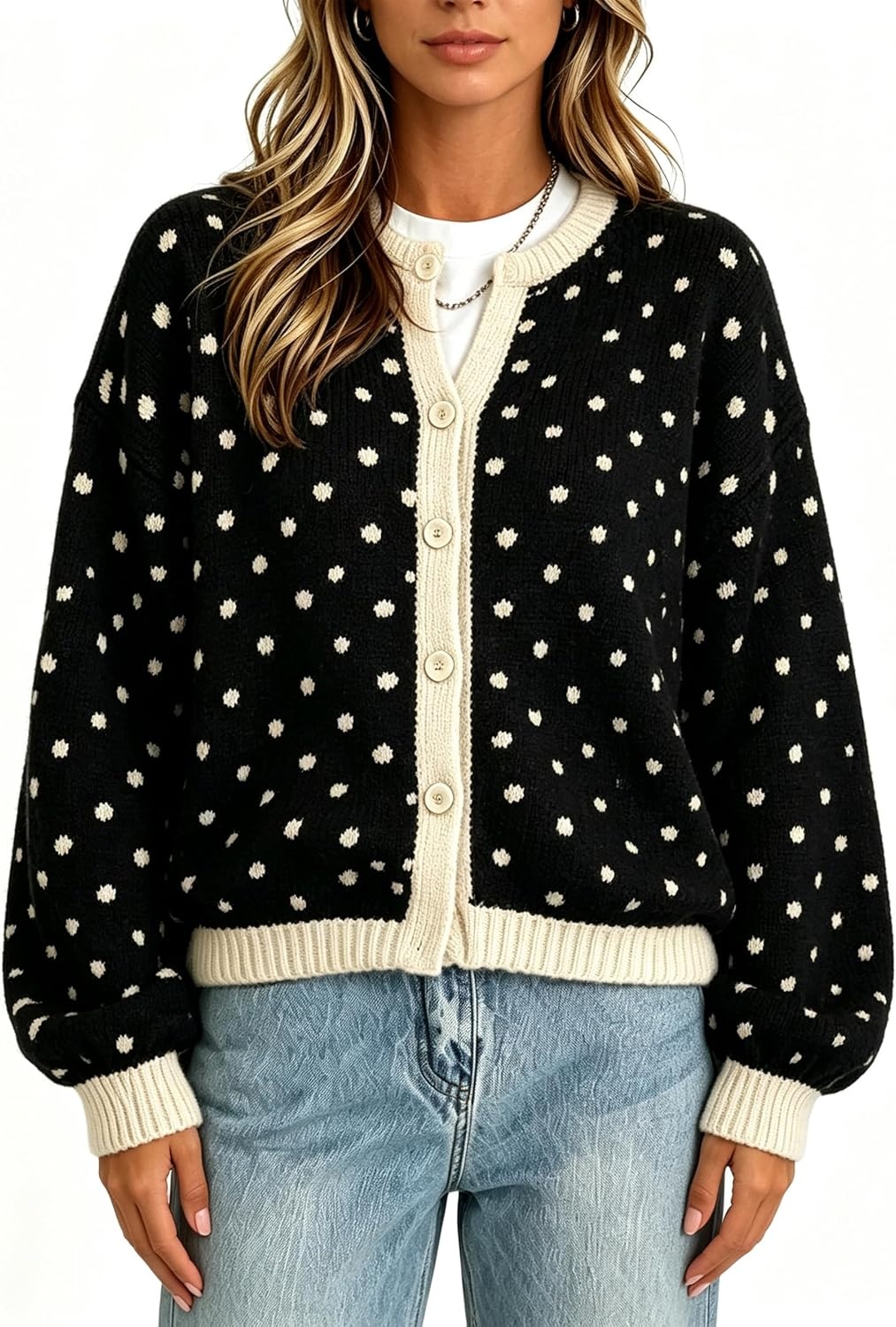 image:imageSpringrain Womens Polka Dot Knit Cardigan Button Front SweaterBlack