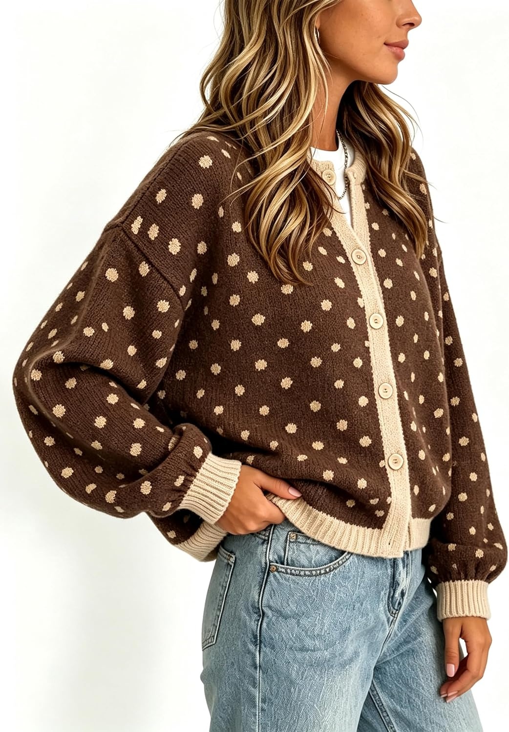 image:imageSpringrain Womens Polka Dot Knit Cardigan Button Front SweaterBrown