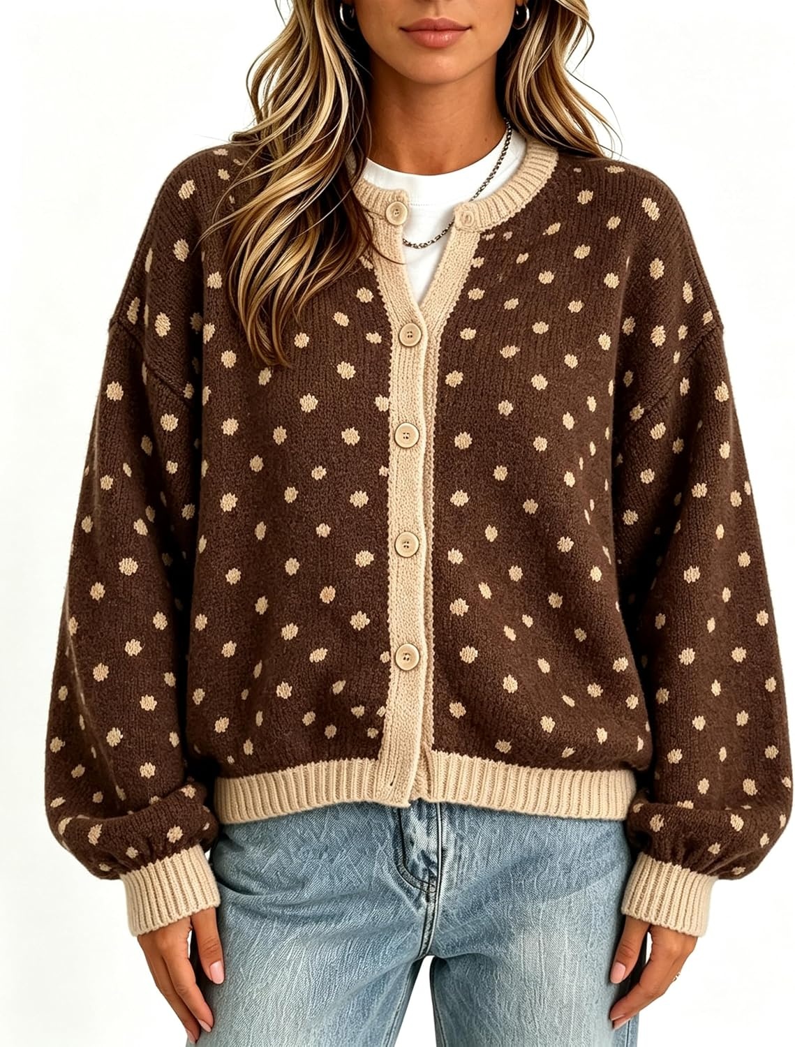 image:imageSpringrain Womens Polka Dot Knit Cardigan Button Front SweaterBrown