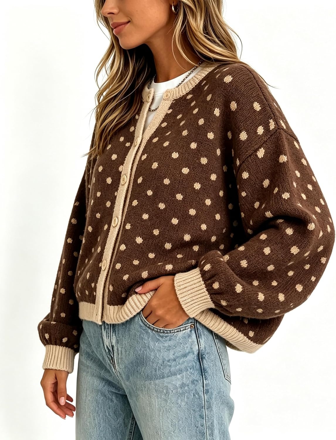 image:imageSpringrain Womens Polka Dot Knit Cardigan Button Front SweaterBrown