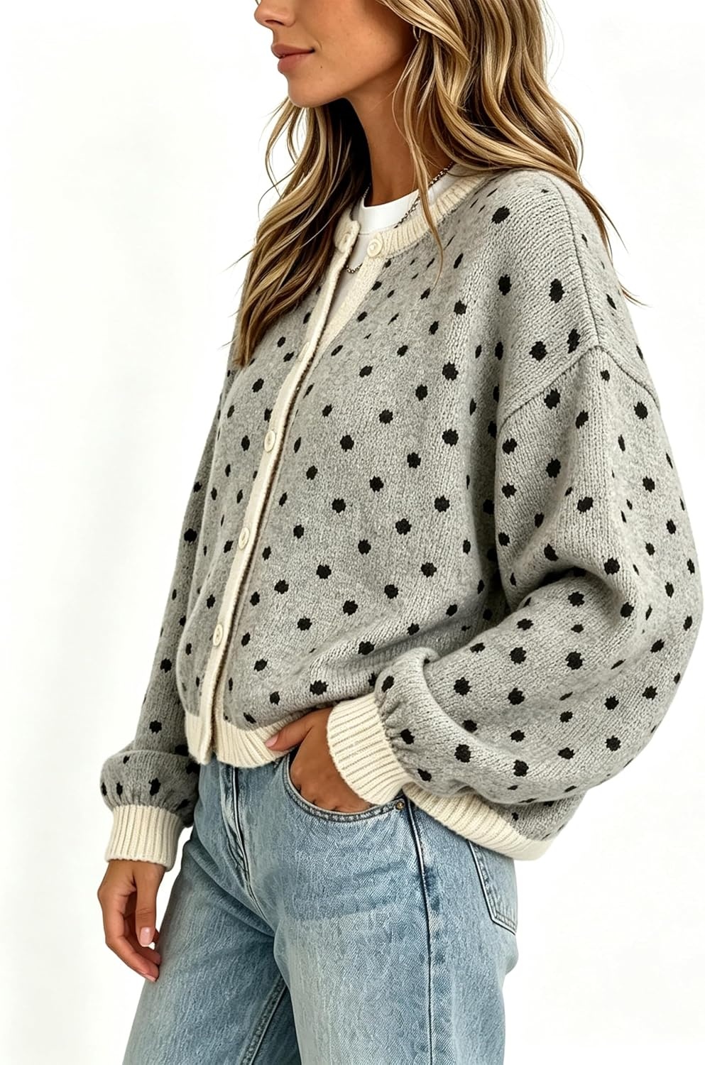 image:imageSpringrain Womens Polka Dot Knit Cardigan Button Front SweaterGrey