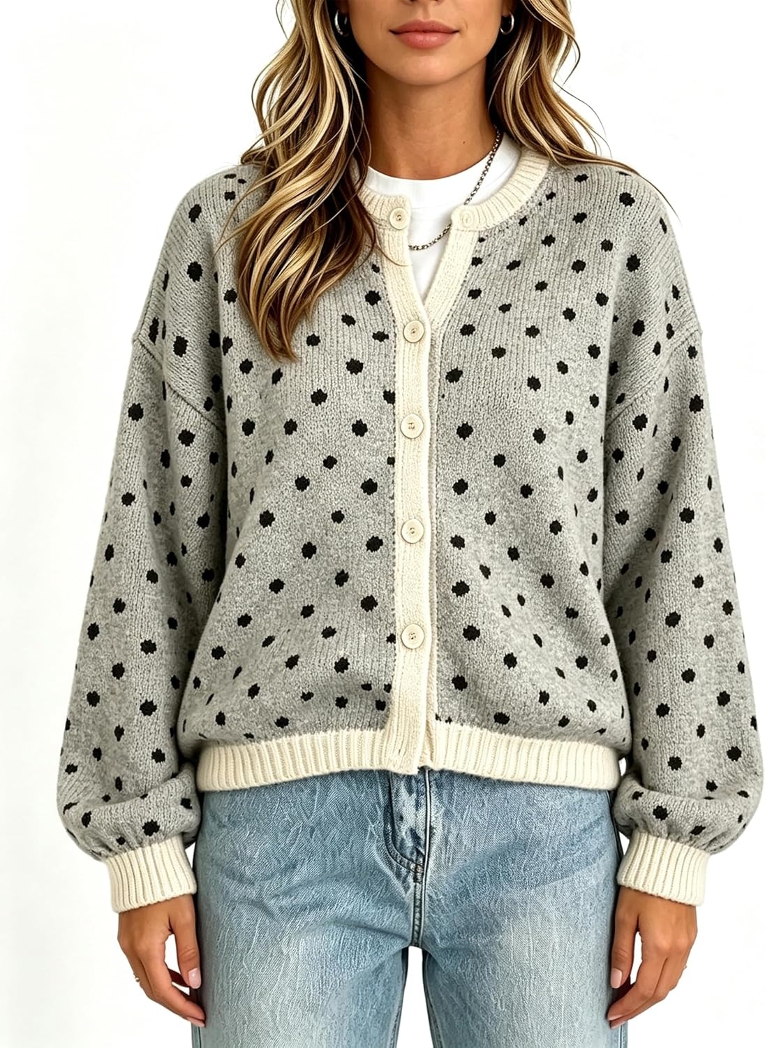 image:imageSpringrain Womens Polka Dot Knit Cardigan Button Front SweaterGrey