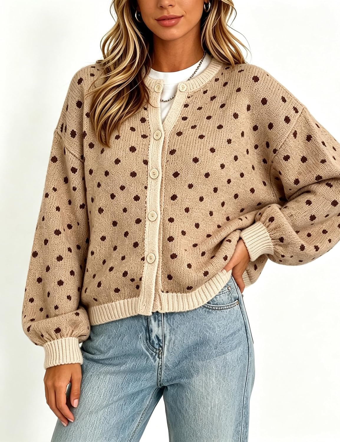 image:imageSpringrain Womens Polka Dot Knit Cardigan Button Front SweaterKhaki
