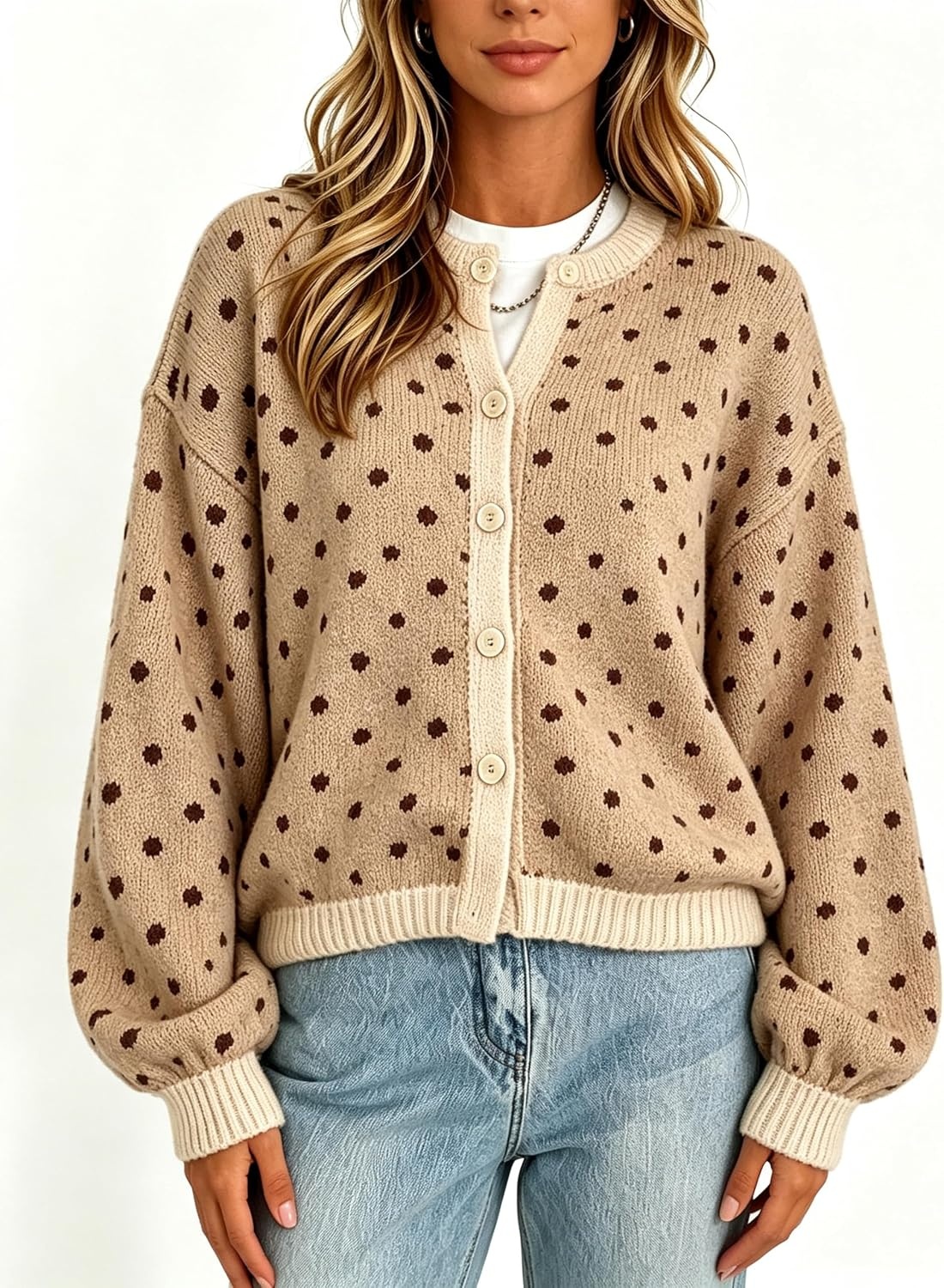 image:imageSpringrain Womens Polka Dot Knit Cardigan Button Front SweaterKhaki