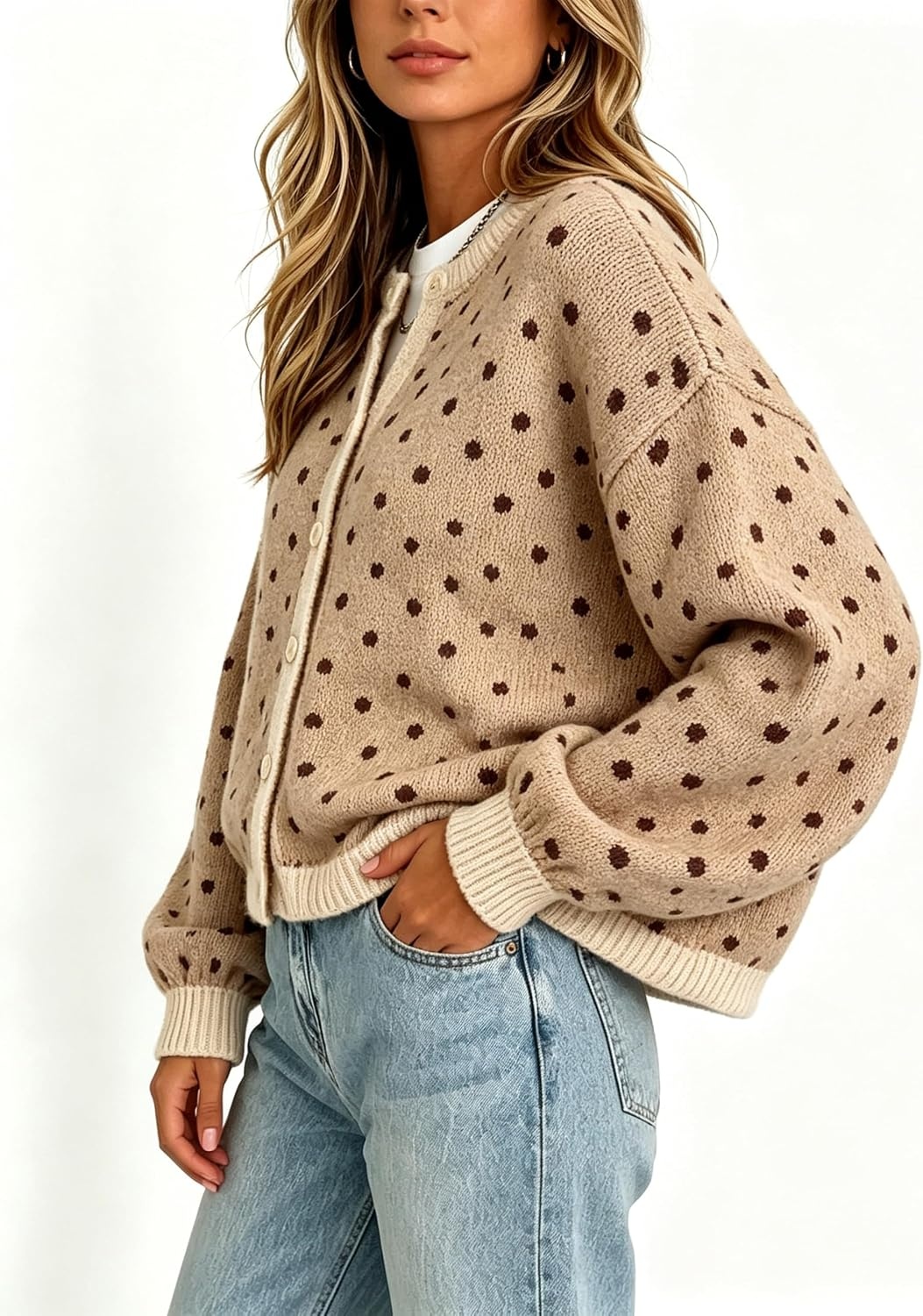 image:imageSpringrain Womens Polka Dot Knit Cardigan Button Front SweaterKhaki