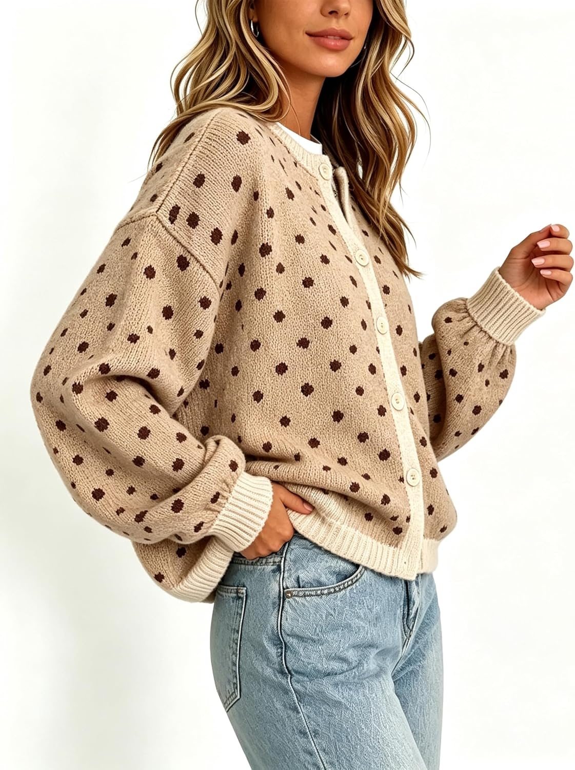image:imageSpringrain Womens Polka Dot Knit Cardigan Button Front SweaterKhaki